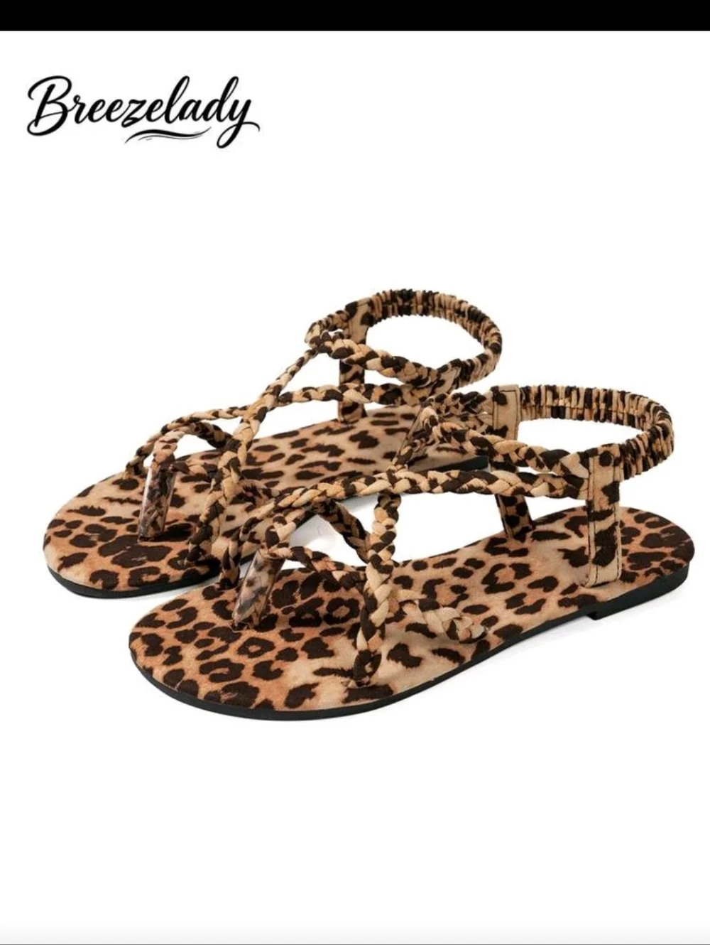Leopard Print Strappy Flat Sandals - Tan/Black - Picture 4 of 6